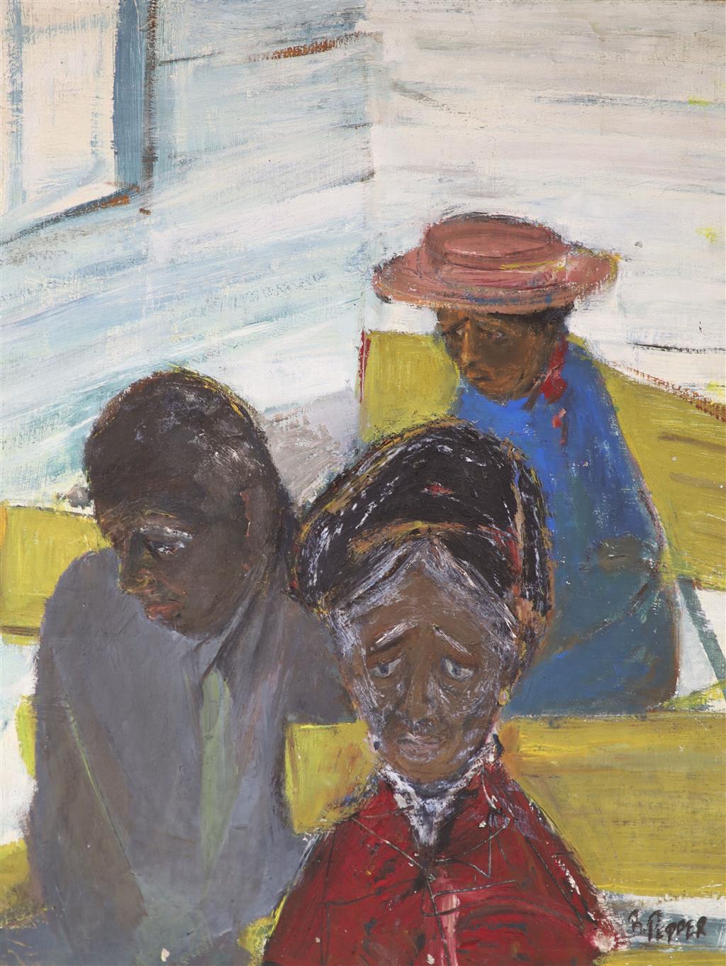Follower of Beverly Pepper (1922-2020), oil on card, Three seated figures, signed, 43 x 35cm, unframed, and three other pictures
